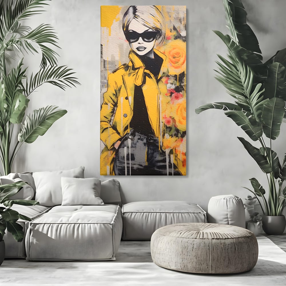Tablou canvas cu tablou canvas cu femeie in jacheta galbena, fara rama, pe sasiu de lemn, pe perete intr-un living
