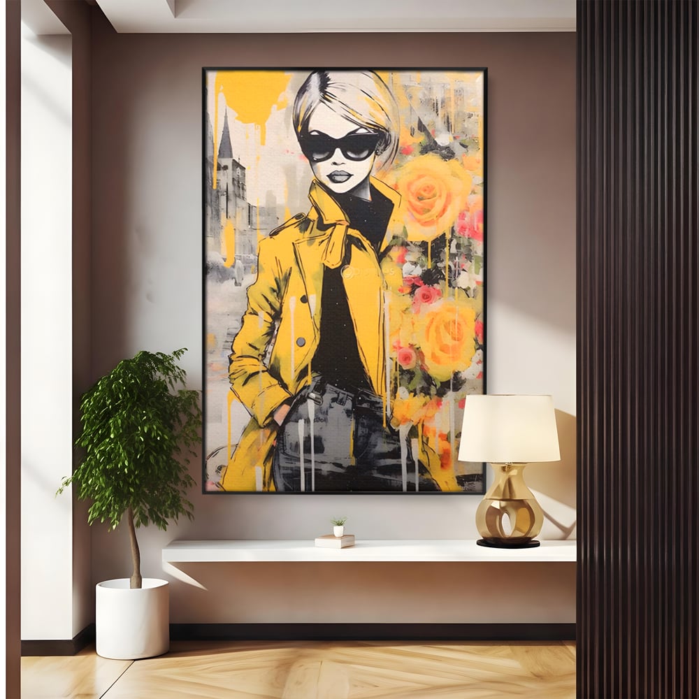 Tablou canvas cu tablou canvas cu femeie in jacheta galbena, in rama de aluminiu negru