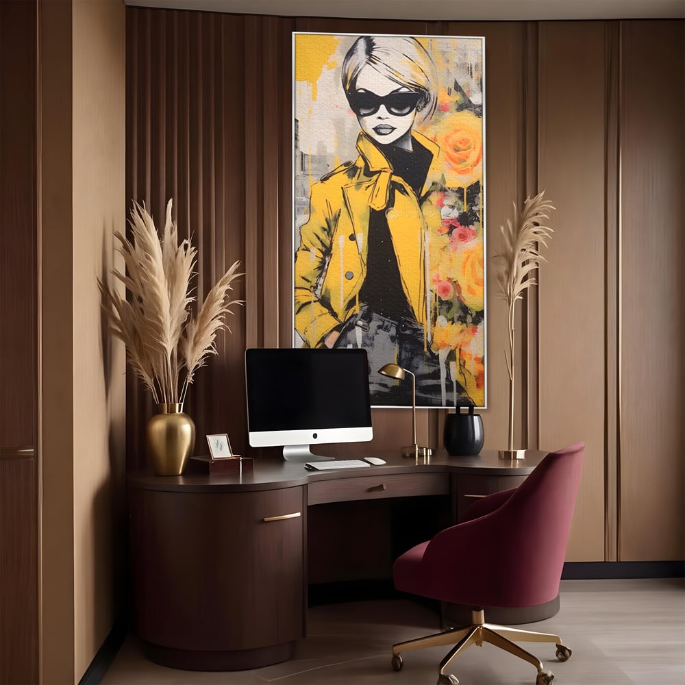 Tablou canvas cu tablou canvas cu femeie in jacheta galbena, in rama de aluminiu argintiu, pe perete intr-un birou