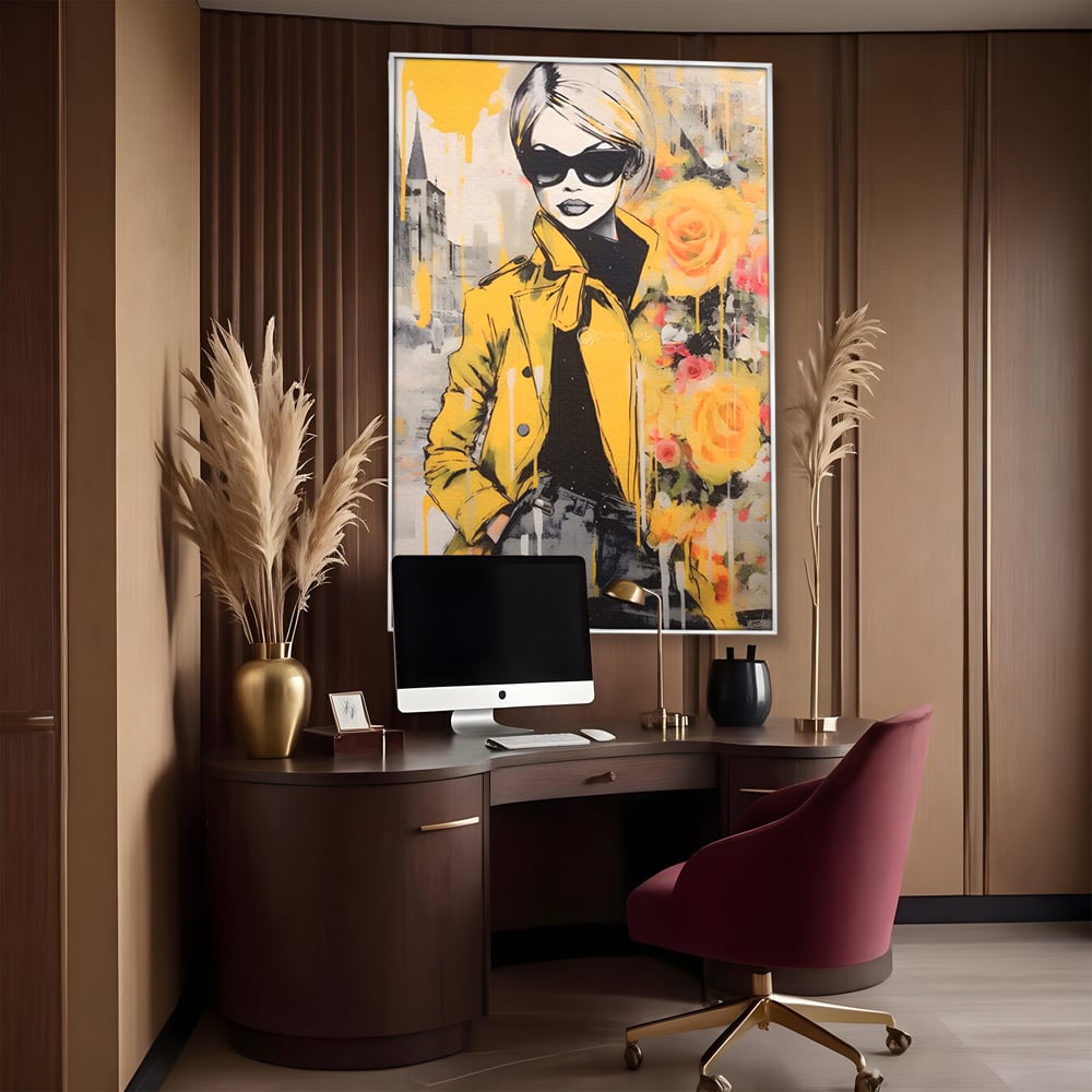 Tablou canvas cu tablou canvas cu femeie in jacheta galbena, in rama de aluminiu argintiu, pe perete intr-un birou