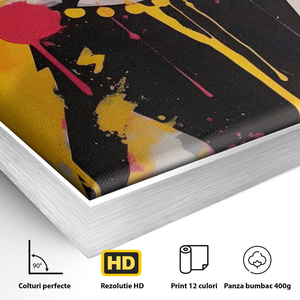 Detaliu al suprafetei: tablou canvas cu femeie in stil pop art, in rama de aluminiu argintiu