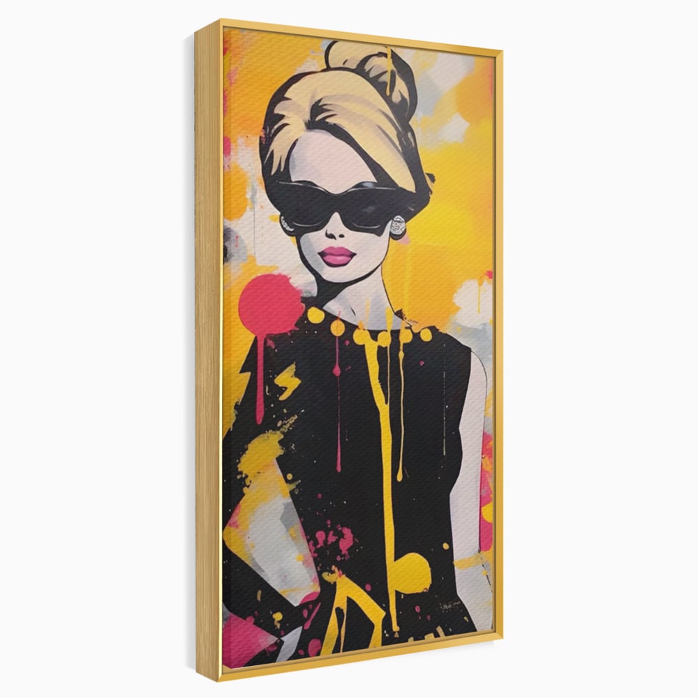 Tablou canvas cu tablou canvas cu femeie in stil pop art, in rama de aluminiu auriu