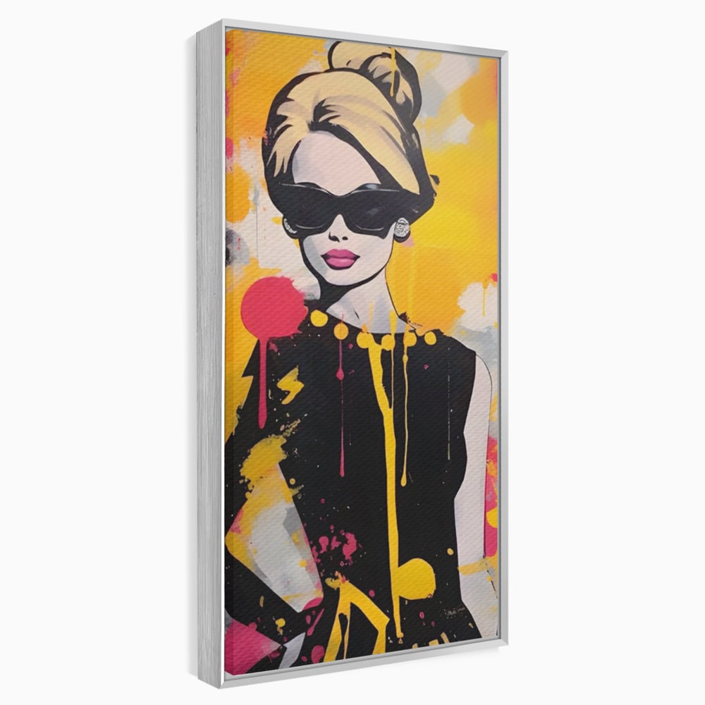 Tablou canvas cu tablou canvas cu femeie in stil pop art, in rama de aluminiu argintiu