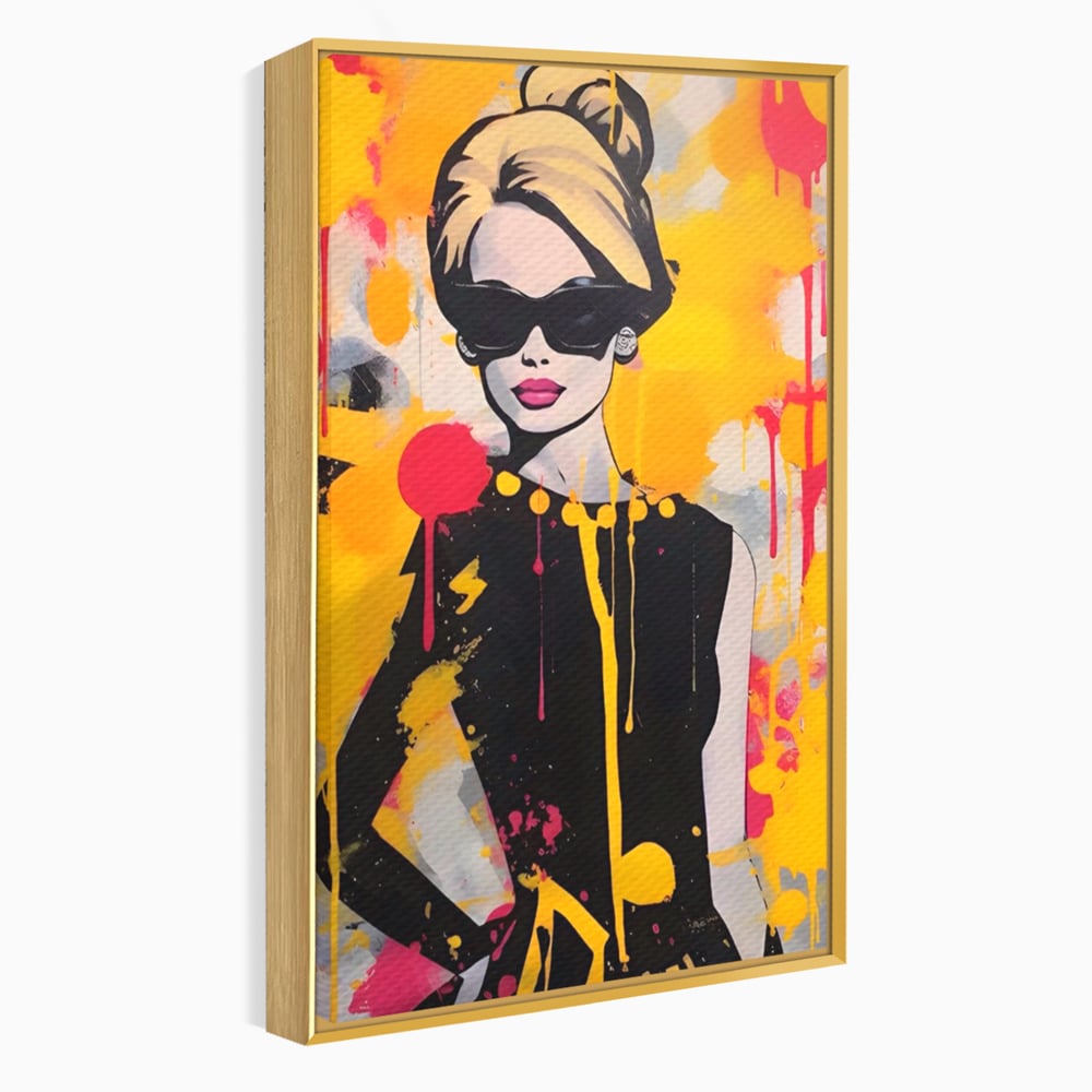 Tablou canvas cu tablou canvas cu femeie in stil pop art, in rama de aluminiu auriu