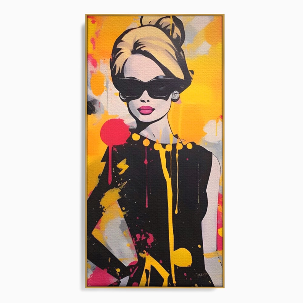 Tablou canvas cu tablou canvas cu femeie in stil pop art, in rama de aluminiu auriu