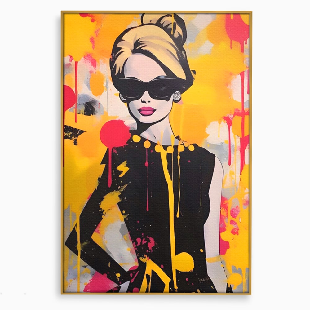 Tablou canvas cu tablou canvas cu femeie in stil pop art, in rama de aluminiu auriu