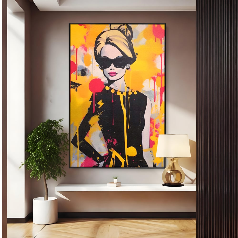 Tablou canvas cu tablou canvas cu femeie in stil pop art, in rama de aluminiu negru