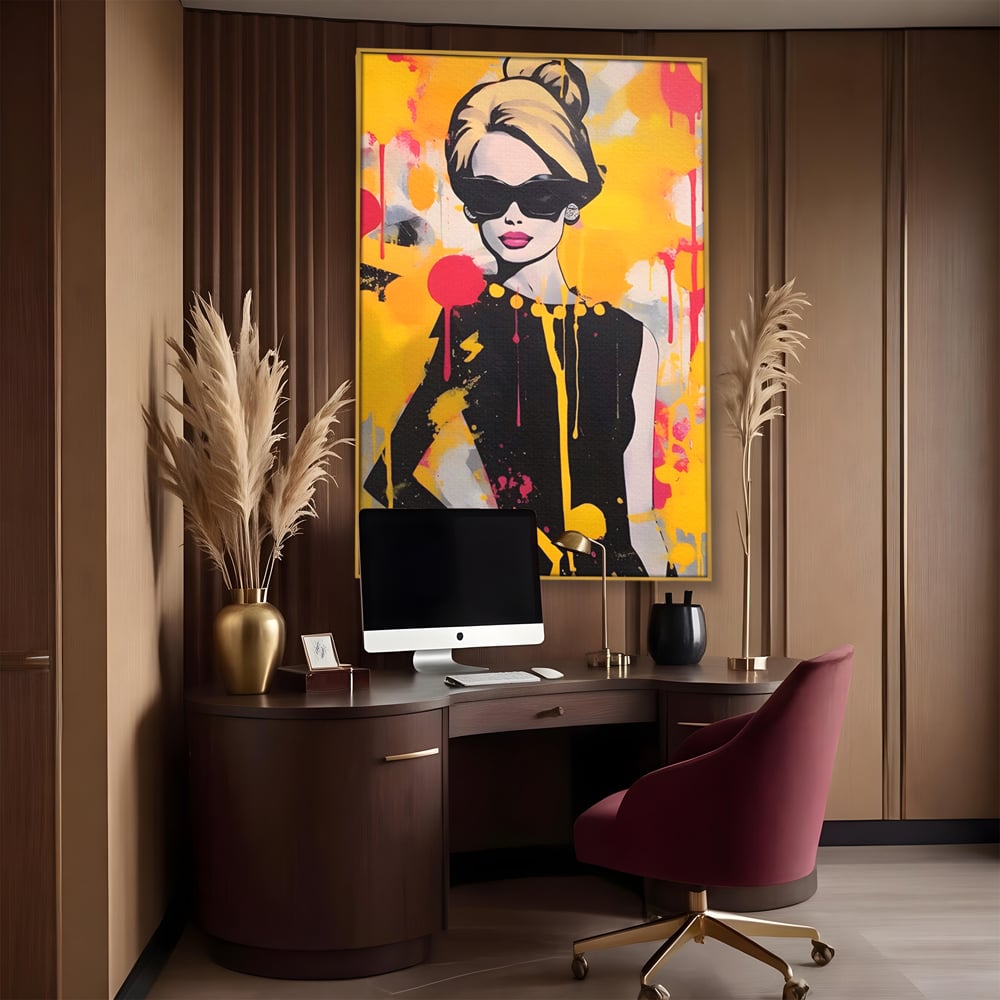 Tablou canvas cu tablou canvas cu femeie in stil pop art, in rama de aluminiu auriu, pe perete intr-un birou