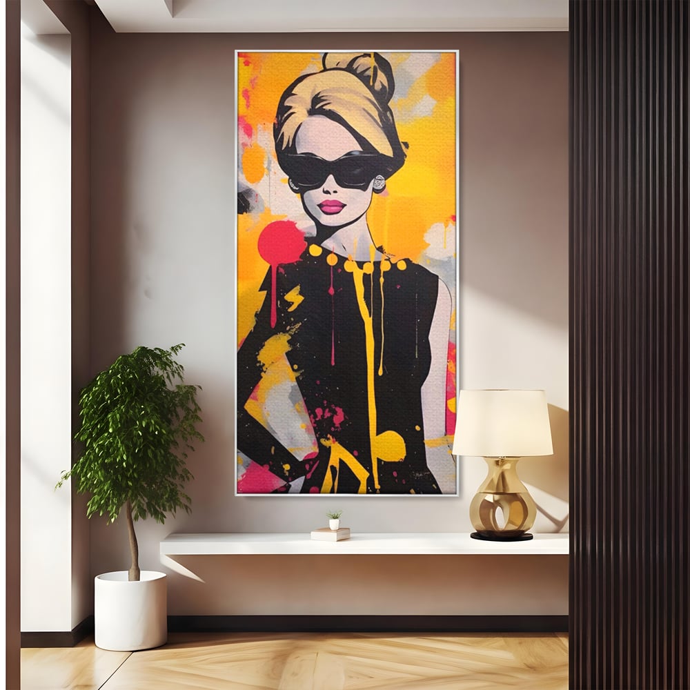 Tablou canvas cu tablou canvas cu femeie in stil pop art, in rama de aluminiu argintiu