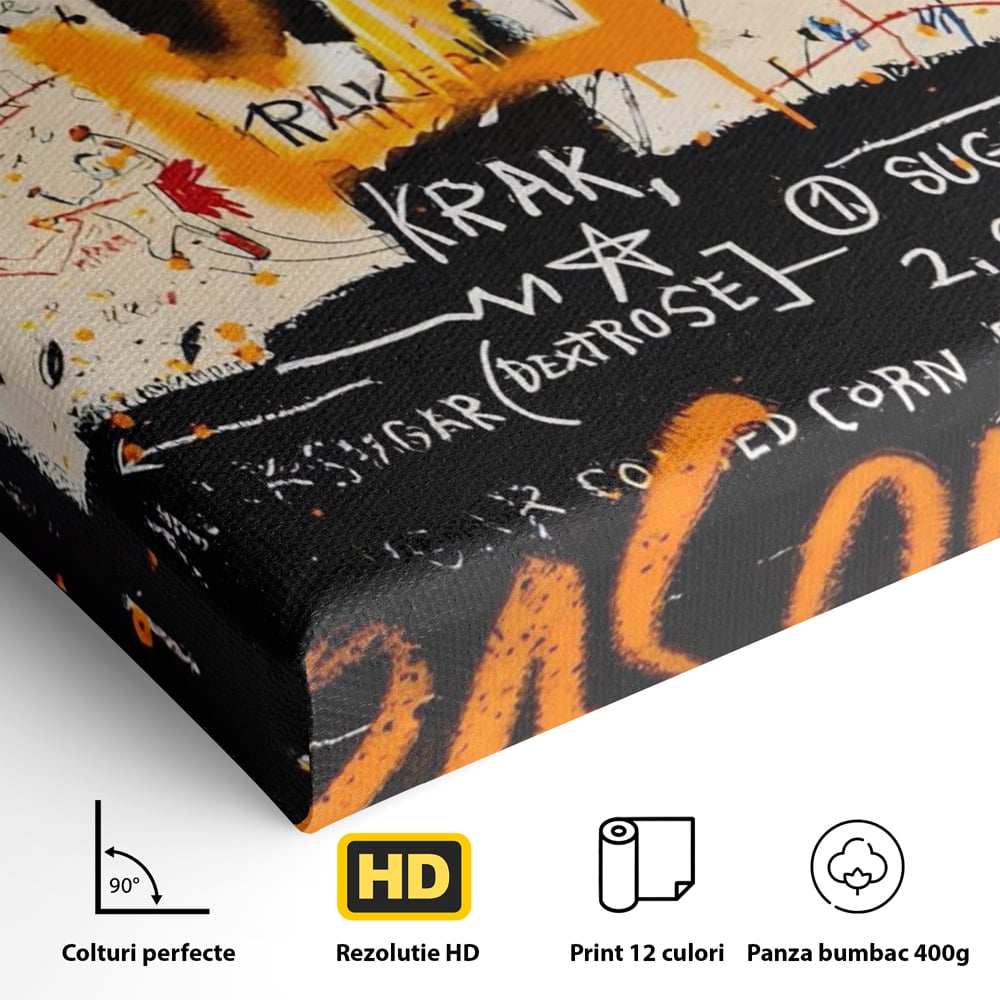 Detaliu al suprafetei: tablou canvas cu arta graffiti jean-michel basquiat, fara rama, pe sasiu de lemn