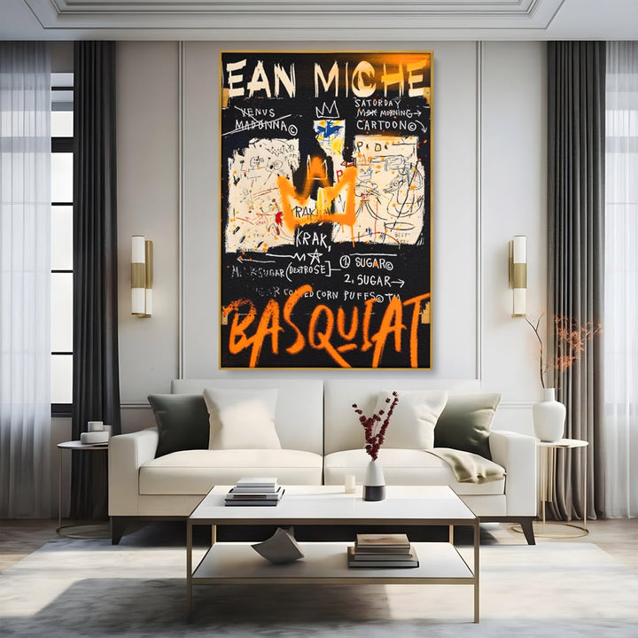 Tablou canvas cu tablou canvas cu arta graffiti jean-michel basquiat, in rama de aluminiu auriu, pe perete intr-un living