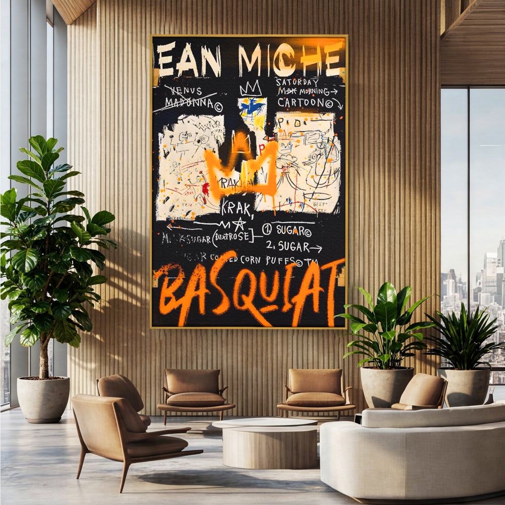 Tablou canvas cu tablou canvas cu arta graffiti jean-michel basquiat, in rama de aluminiu auriu, pe perete intr-un birou
