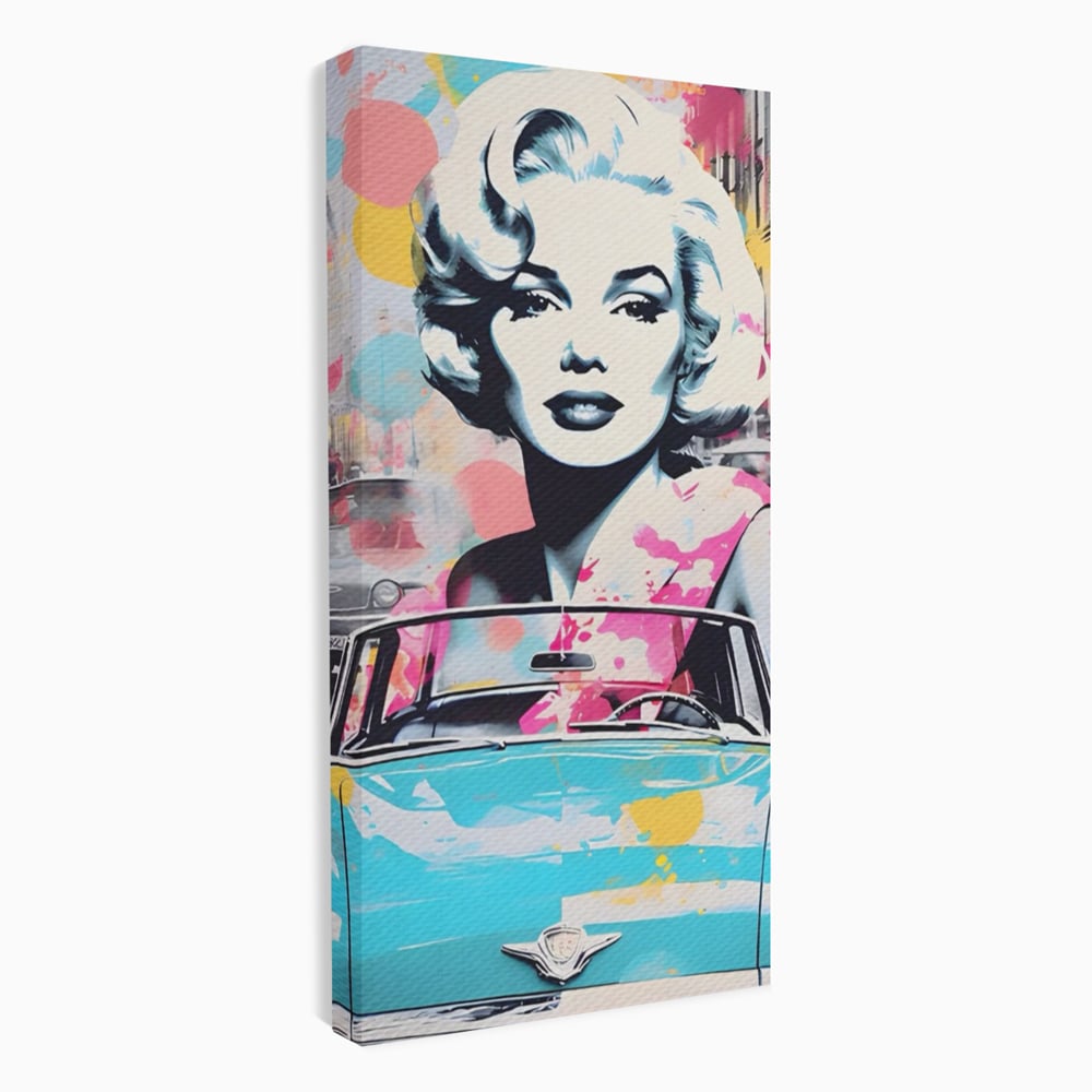 Tablou canvas cu tablou canvas cu marilyn monroe si masina, fara rama, pe sasiu de lemn