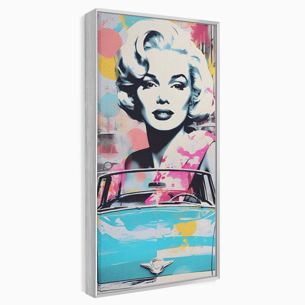 Tablou canvas cu tablou canvas cu marilyn monroe si masina, in rama de aluminiu argintiu