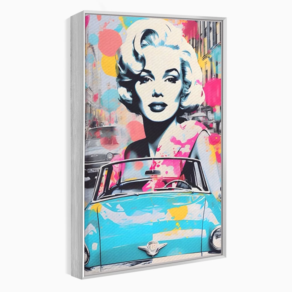 Tablou canvas cu tablou canvas cu marilyn monroe si masina, in rama de aluminiu argintiu