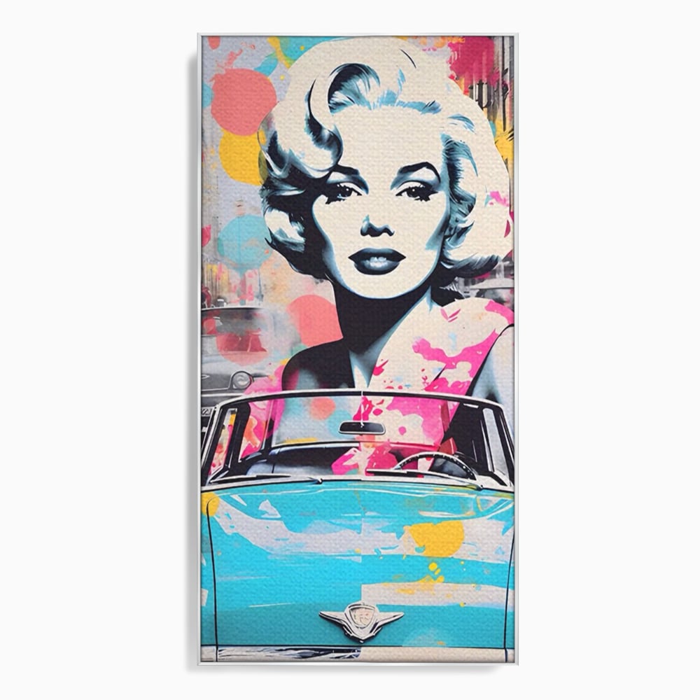 Tablou canvas cu tablou canvas cu marilyn monroe si masina, in rama de aluminiu argintiu