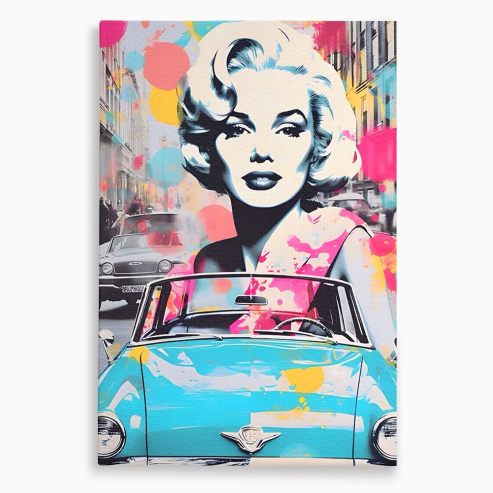Tablou canvas cu tablou canvas cu marilyn monroe si masina, fara rama, pe sasiu de lemn