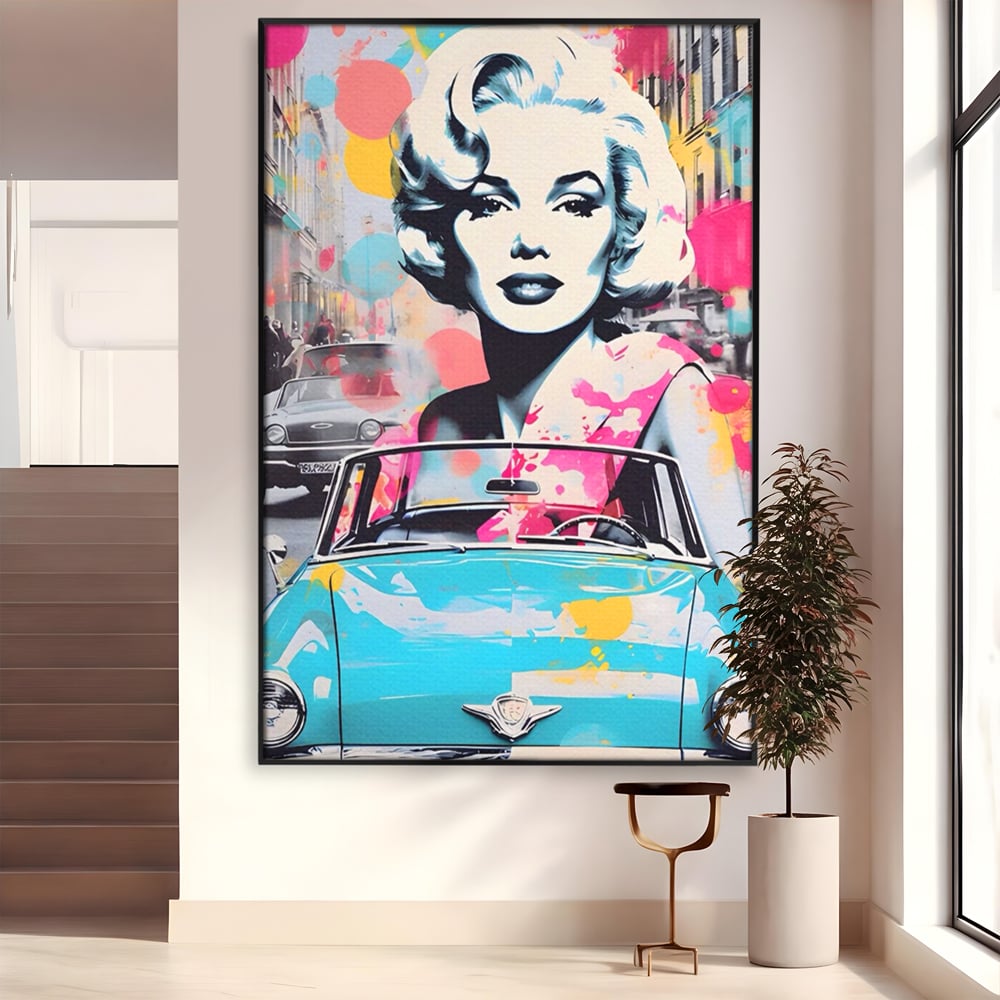 Tablou canvas cu tablou canvas cu marilyn monroe si masina, in rama de aluminiu negru