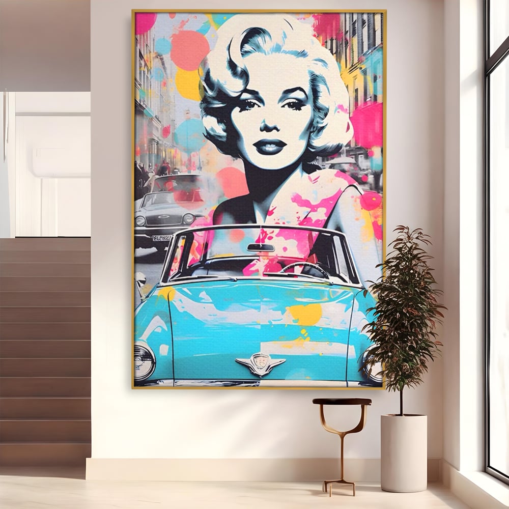Tablou canvas cu tablou canvas cu marilyn monroe si masina, in rama de aluminiu auriu