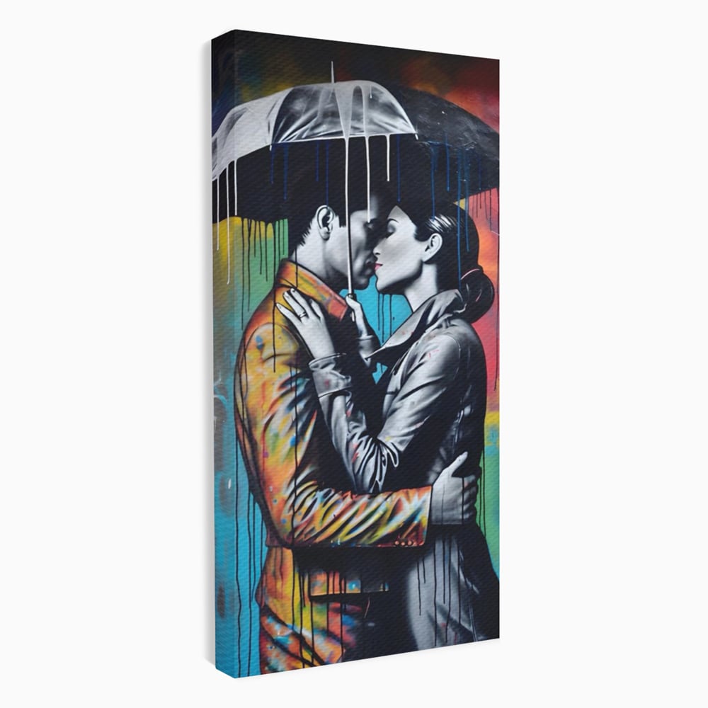 Tablou canvas cu tablou cuplu sub umbrela, fara rama, pe sasiu de lemn