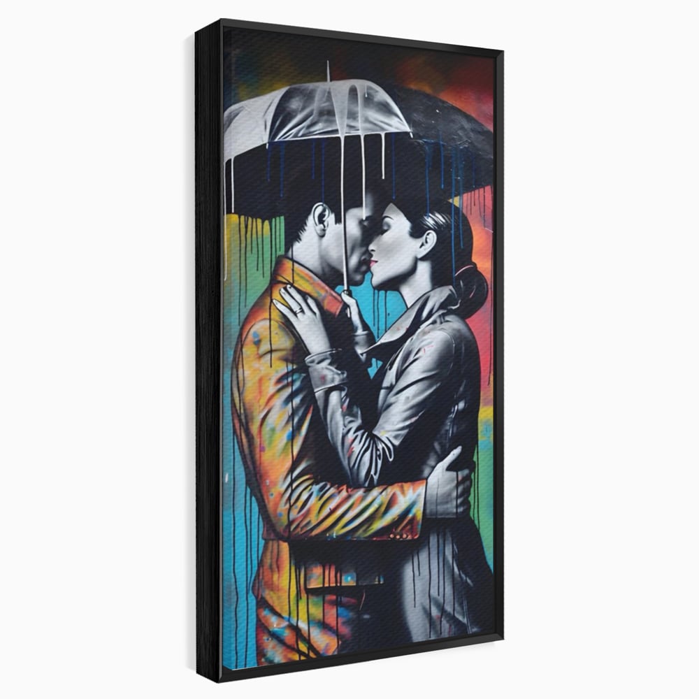 Tablou canvas cu tablou cuplu sub umbrela, in rama de aluminiu negru
