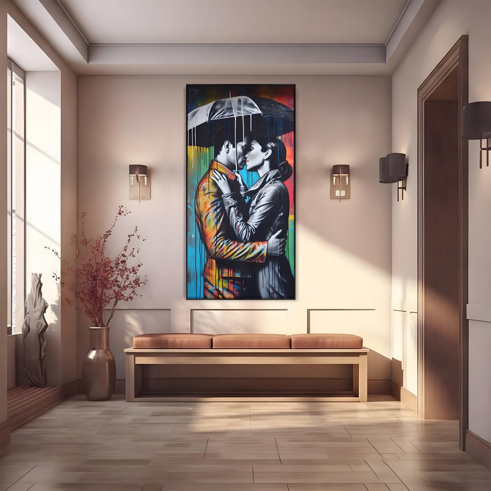 Tablou canvas cu tablou cuplu sub umbrela, in rama de aluminiu negru