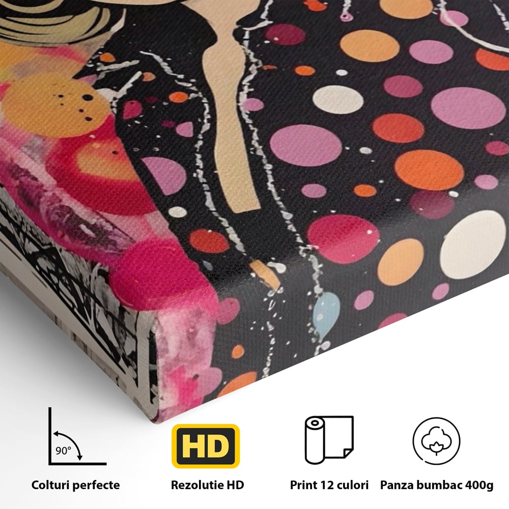 Detaliu al suprafetei: tablou canvas cu portret pop art, fara rama, pe sasiu de lemn