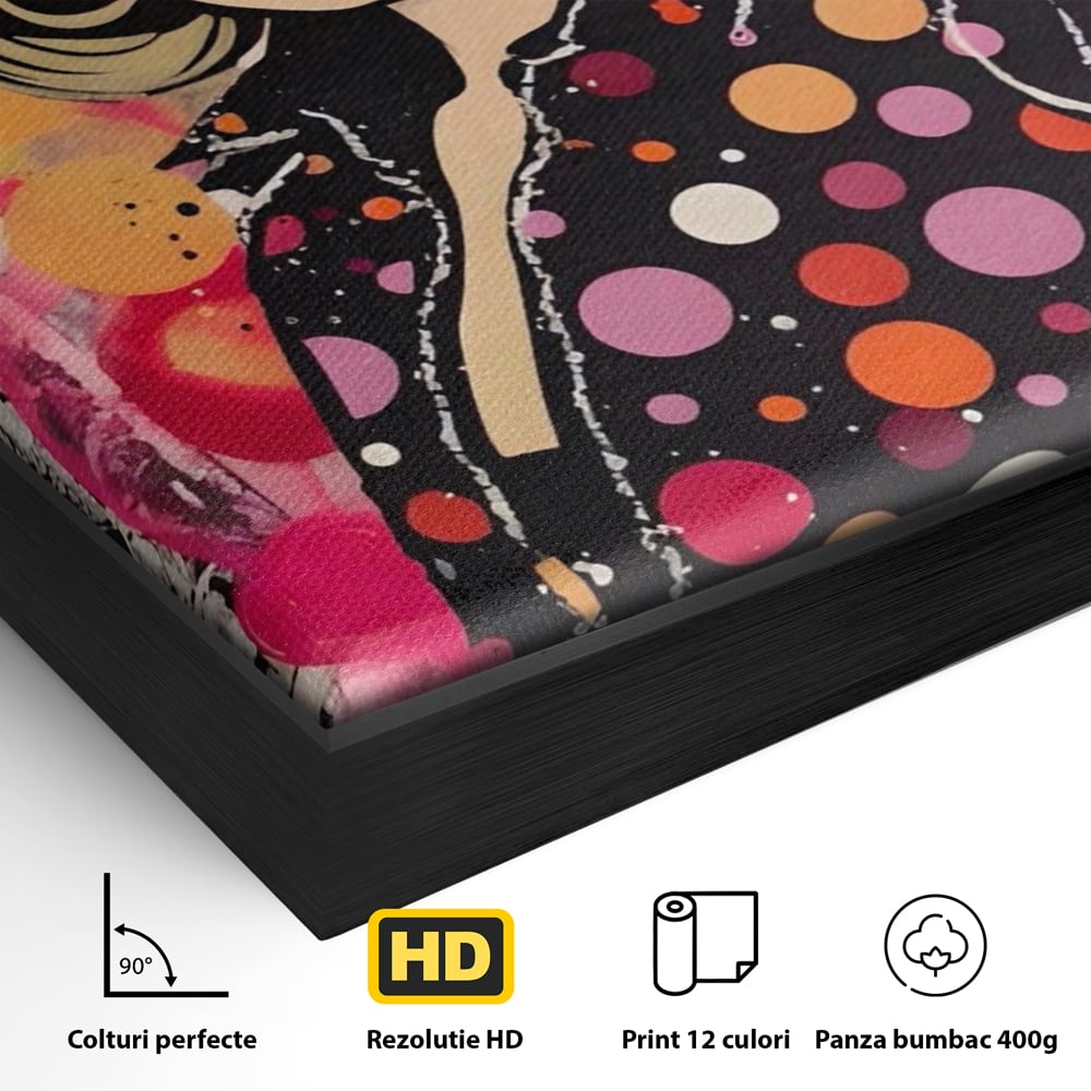 Detaliu al suprafetei: tablou canvas cu portret pop art, in rama de aluminiu negru