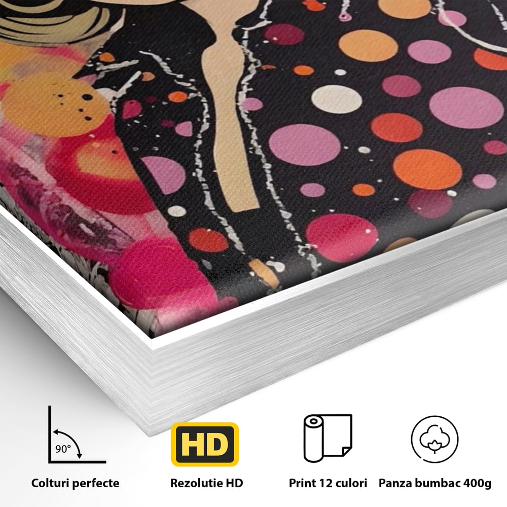 Detaliu al suprafetei: tablou canvas cu portret pop art, in rama de aluminiu argintiu