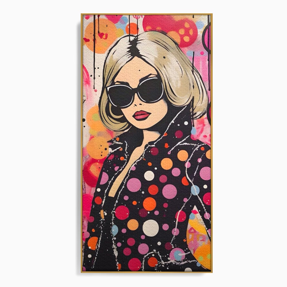 Tablou canvas cu tablou canvas cu portret pop art, in rama de aluminiu auriu