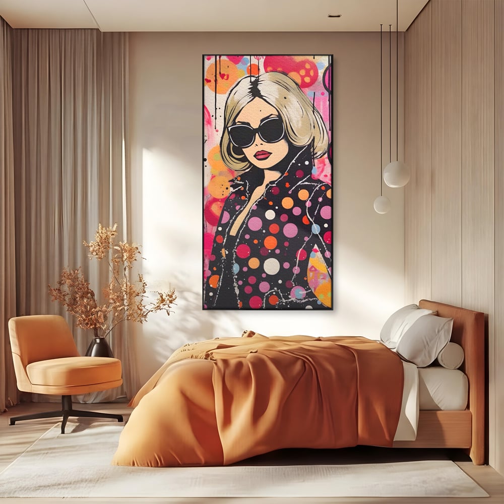 Tablou canvas cu tablou canvas cu portret pop art, in rama de aluminiu negru, pe perete intr-un dormitor