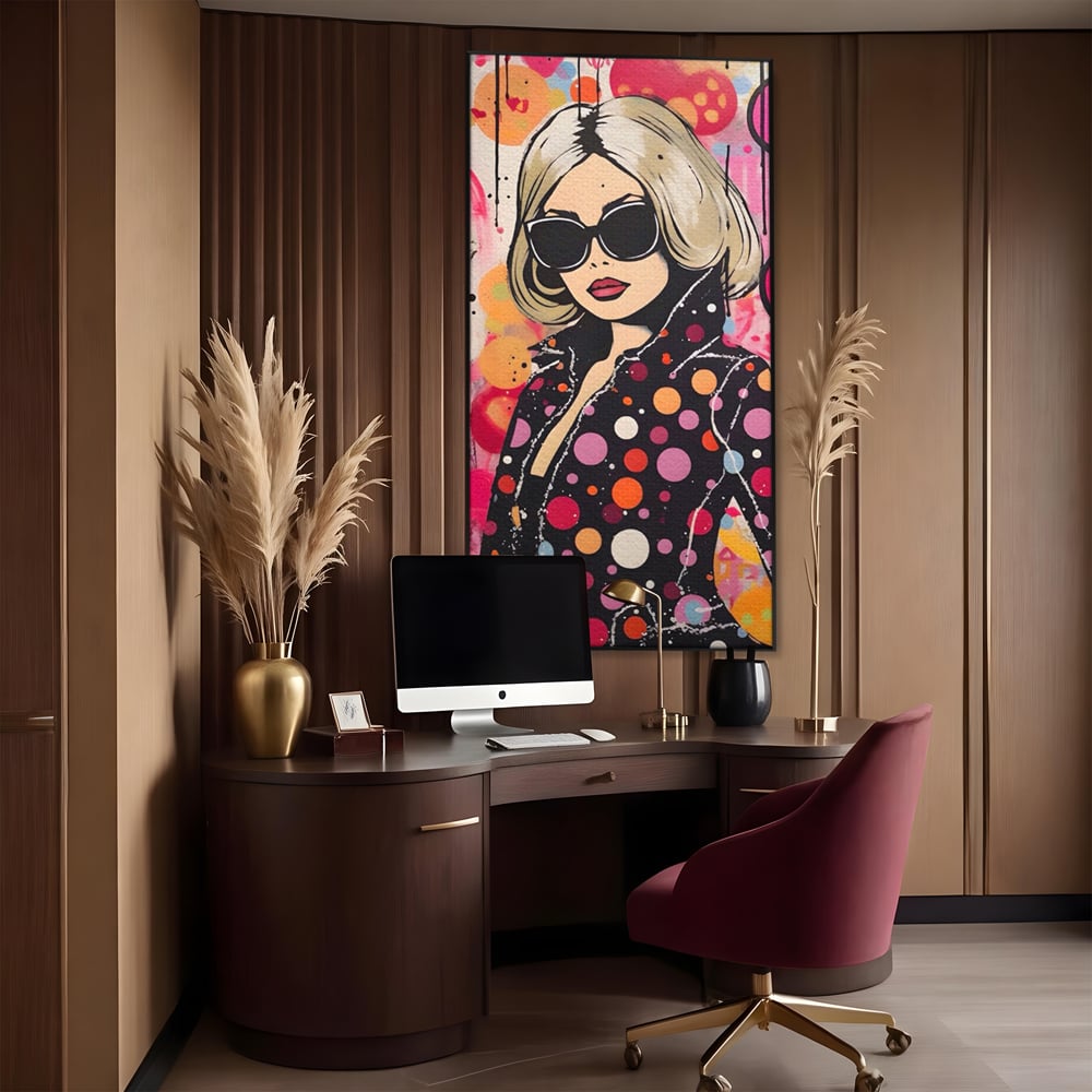 Tablou canvas cu tablou canvas cu portret pop art, in rama de aluminiu negru, pe perete intr-un birou