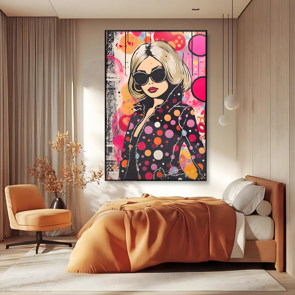Tablou canvas cu tablou canvas cu portret pop art, in rama de aluminiu negru, pe perete intr-un dormitor