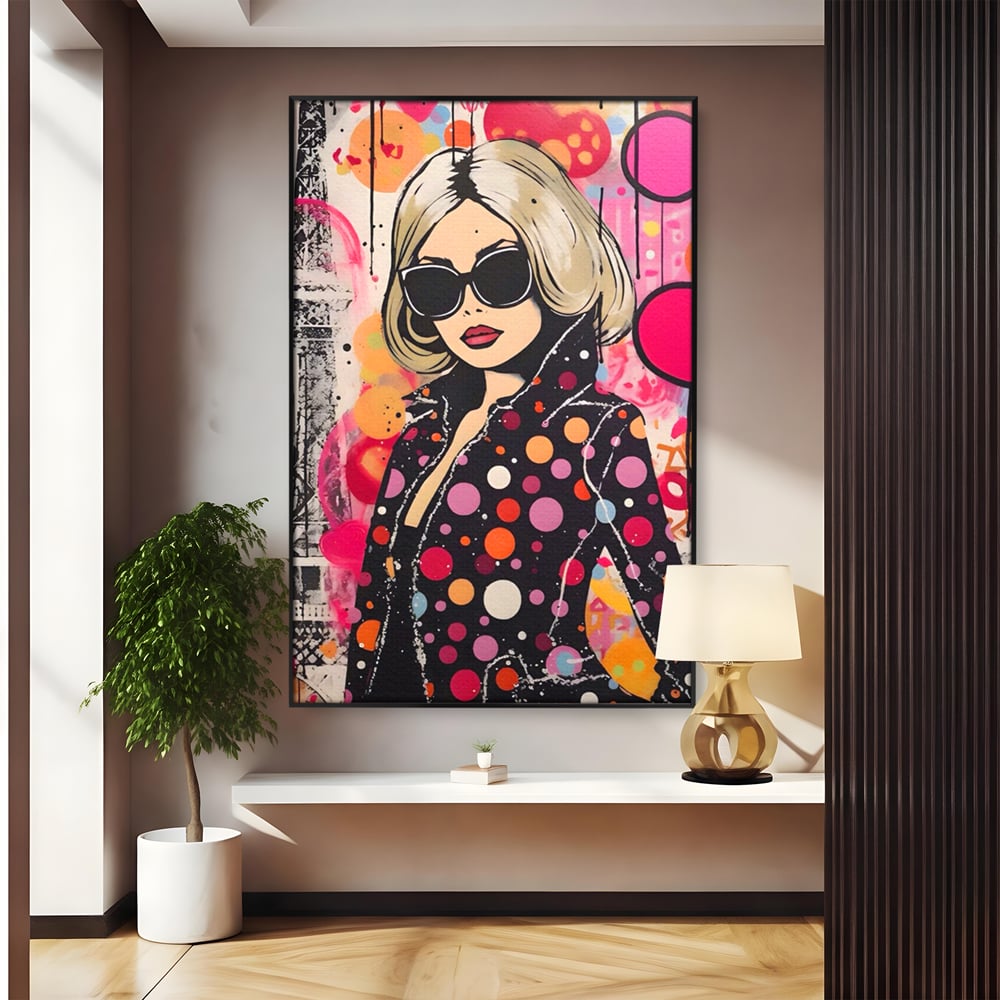 Tablou canvas cu tablou canvas cu portret pop art, in rama de aluminiu negru