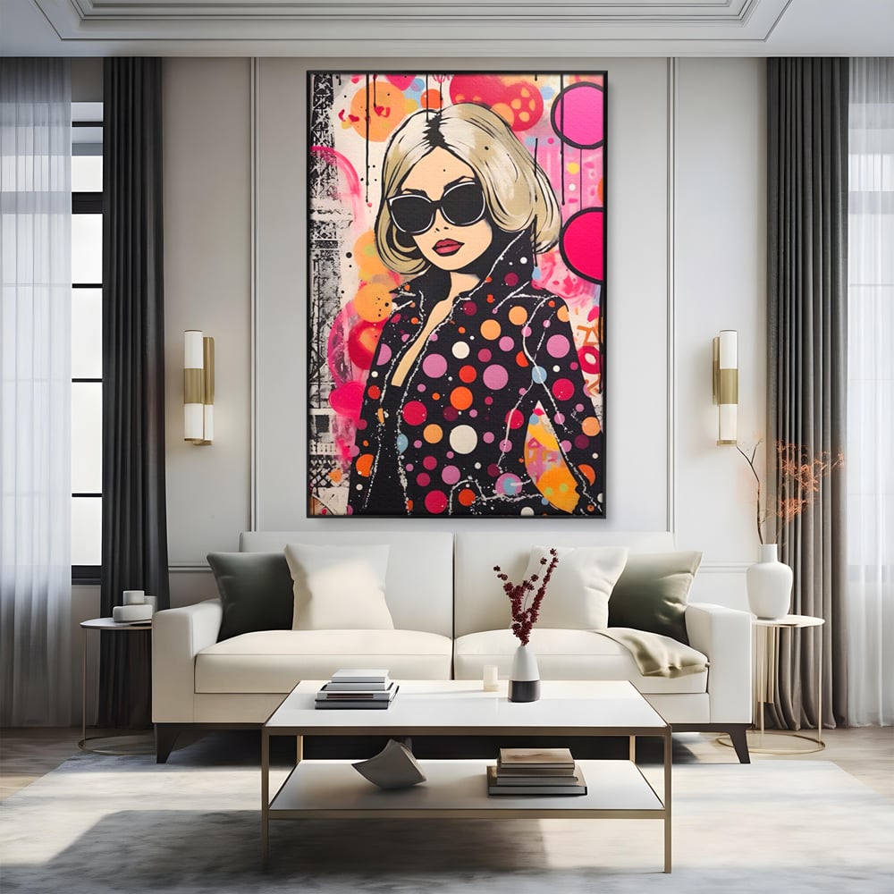 Tablou canvas cu tablou canvas cu portret pop art, in rama de aluminiu negru, pe perete intr-un living
