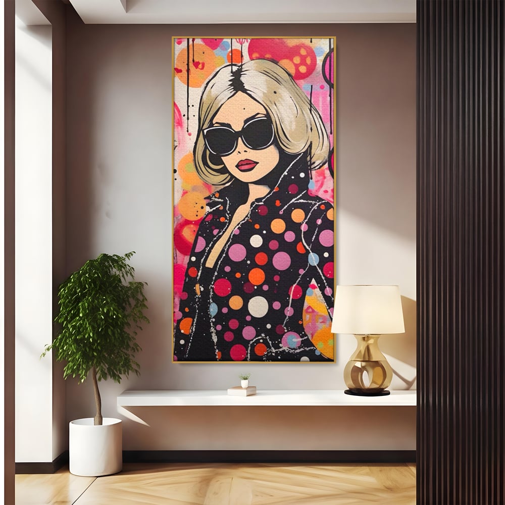 Tablou canvas cu tablou canvas cu portret pop art, in rama de aluminiu auriu