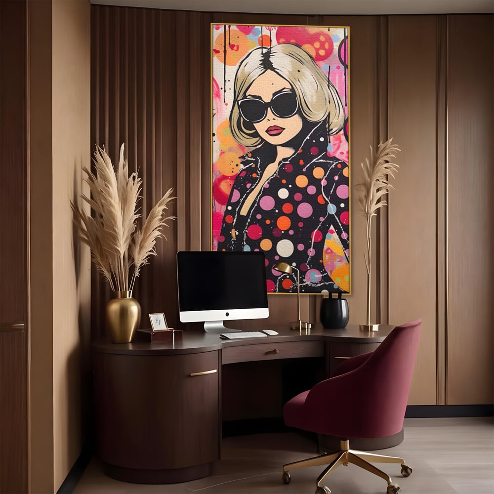 Tablou canvas cu tablou canvas cu portret pop art, in rama de aluminiu auriu, pe perete intr-un birou