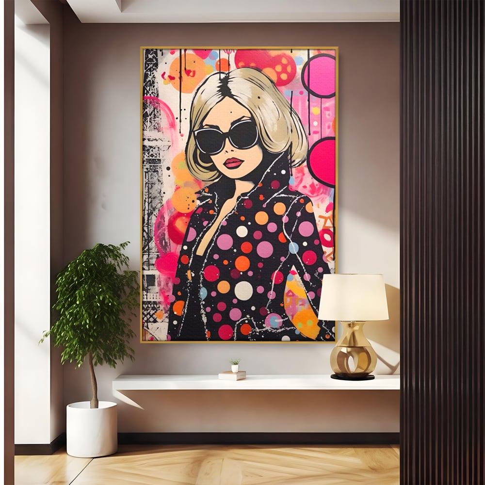 Tablou canvas cu tablou canvas cu portret pop art, in rama de aluminiu auriu