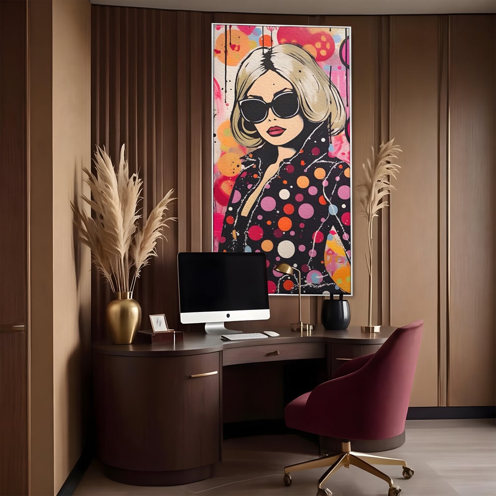 Tablou canvas cu tablou canvas cu portret pop art, in rama de aluminiu argintiu, pe perete intr-un birou
