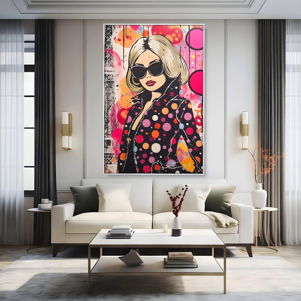 Tablou canvas cu tablou canvas cu portret pop art, in rama de aluminiu argintiu, pe perete intr-un living