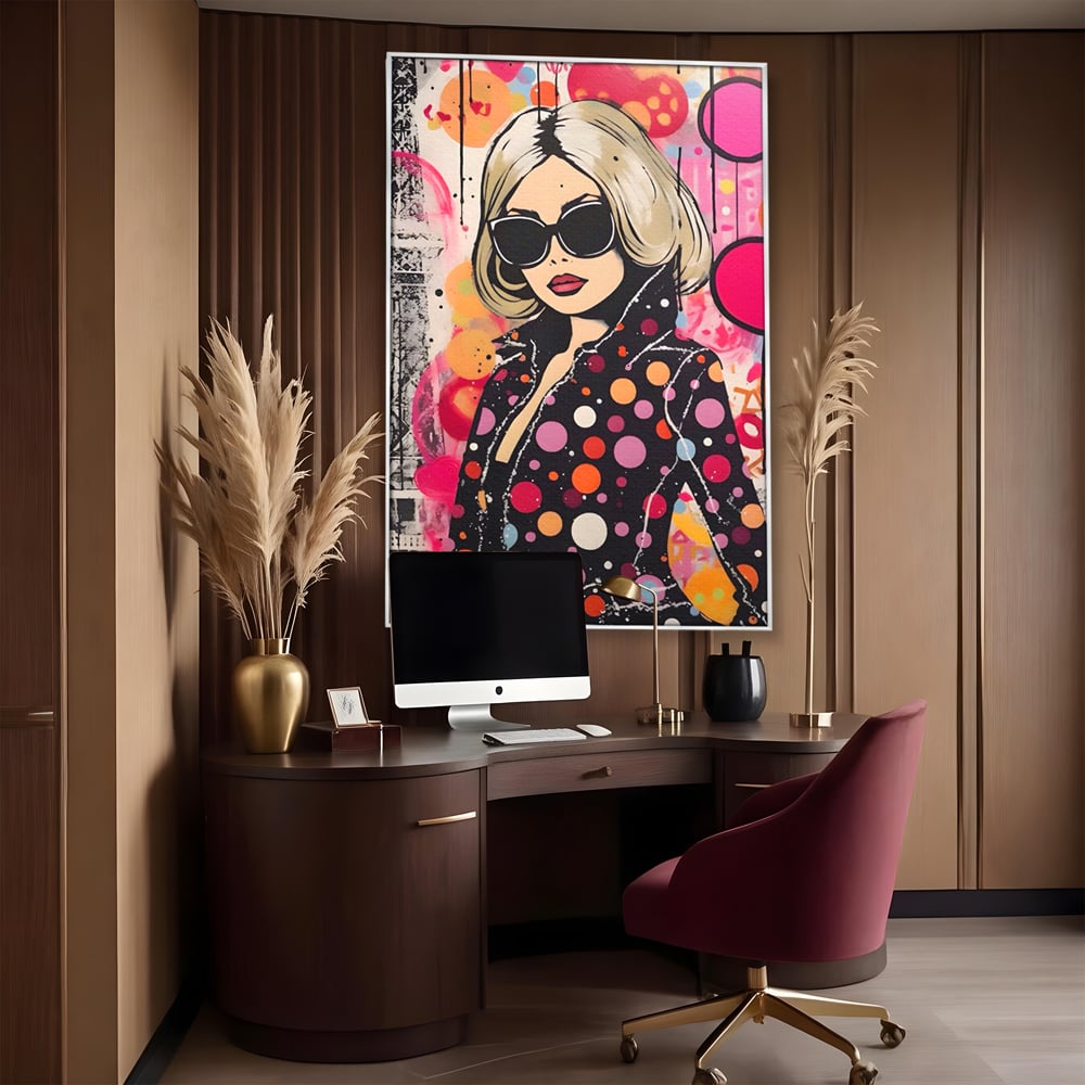 Tablou canvas cu tablou canvas cu portret pop art, in rama de aluminiu argintiu, pe perete intr-un birou