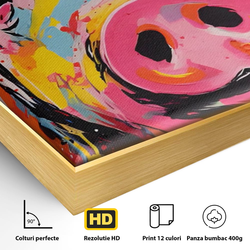 Detaliu al suprafetei: tablou canvas portret de porc colorat, in rama de aluminiu auriu