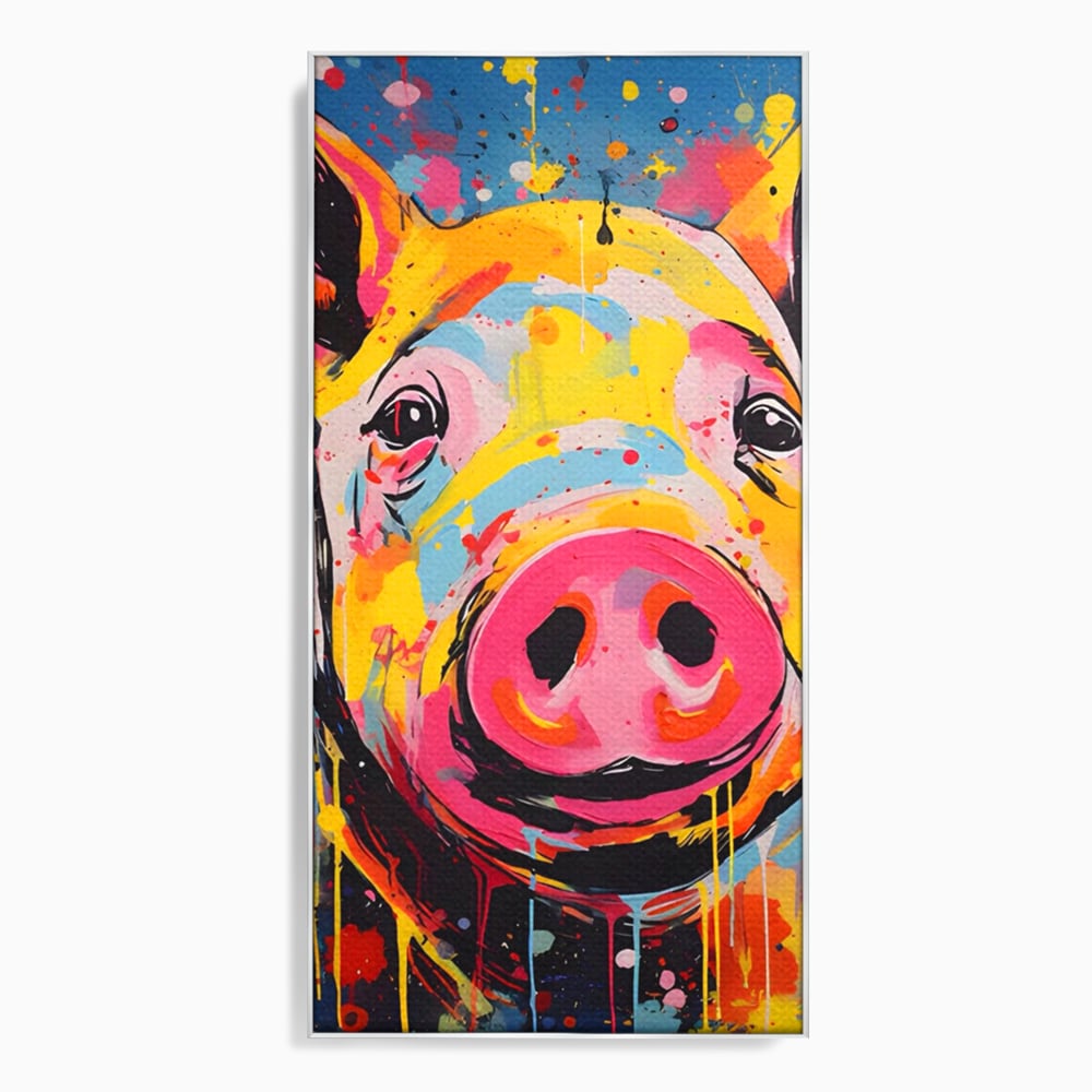 Tablou canvas cu tablou canvas portret de porc colorat, in rama de aluminiu argintiu