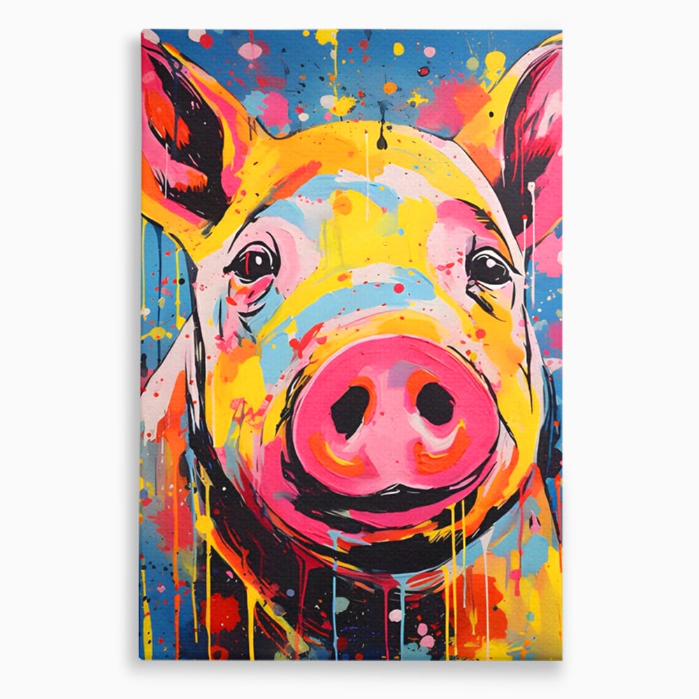 Tablou canvas cu tablou canvas portret de porc colorat, fara rama, pe sasiu de lemn