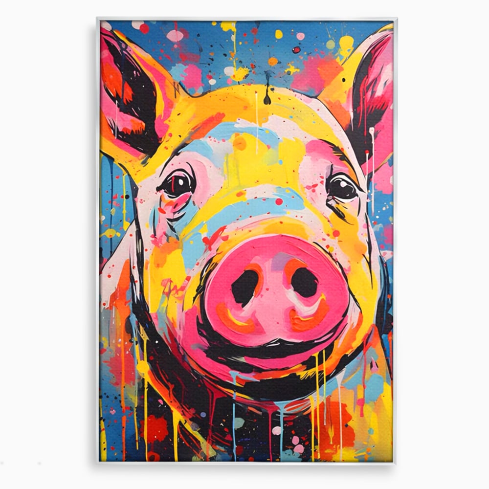 Tablou canvas cu tablou canvas portret de porc colorat, in rama de aluminiu argintiu