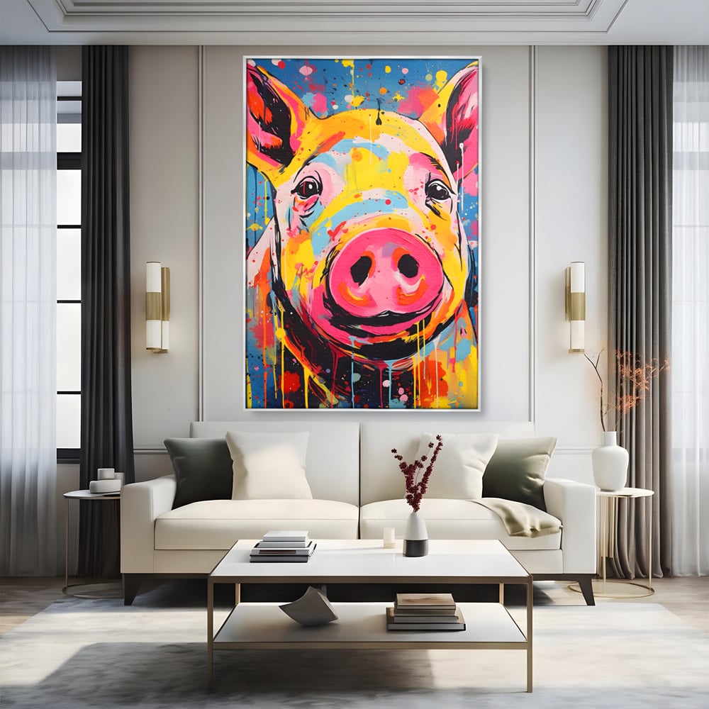 Tablou canvas cu tablou canvas portret de porc colorat, in rama de aluminiu argintiu, pe perete intr-un living