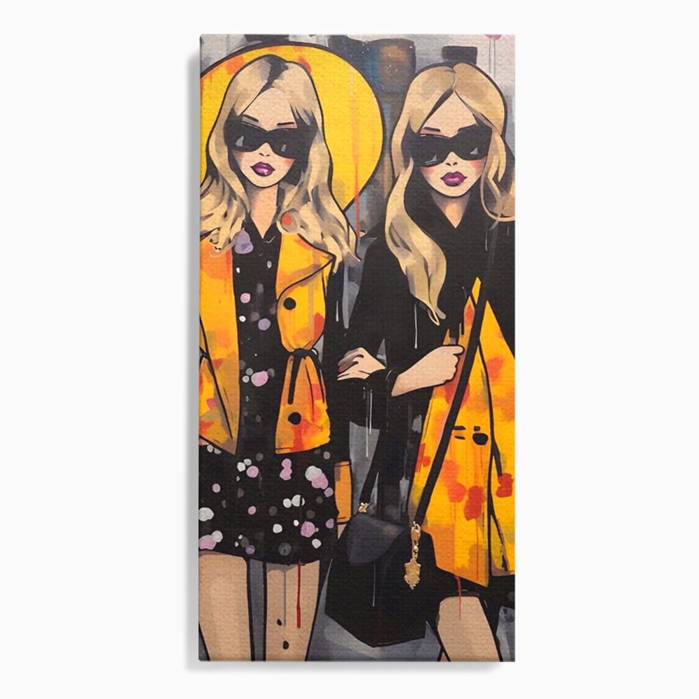 Tablou canvas cu ilustratie cu doua femei fashion, fara rama, pe sasiu de lemn