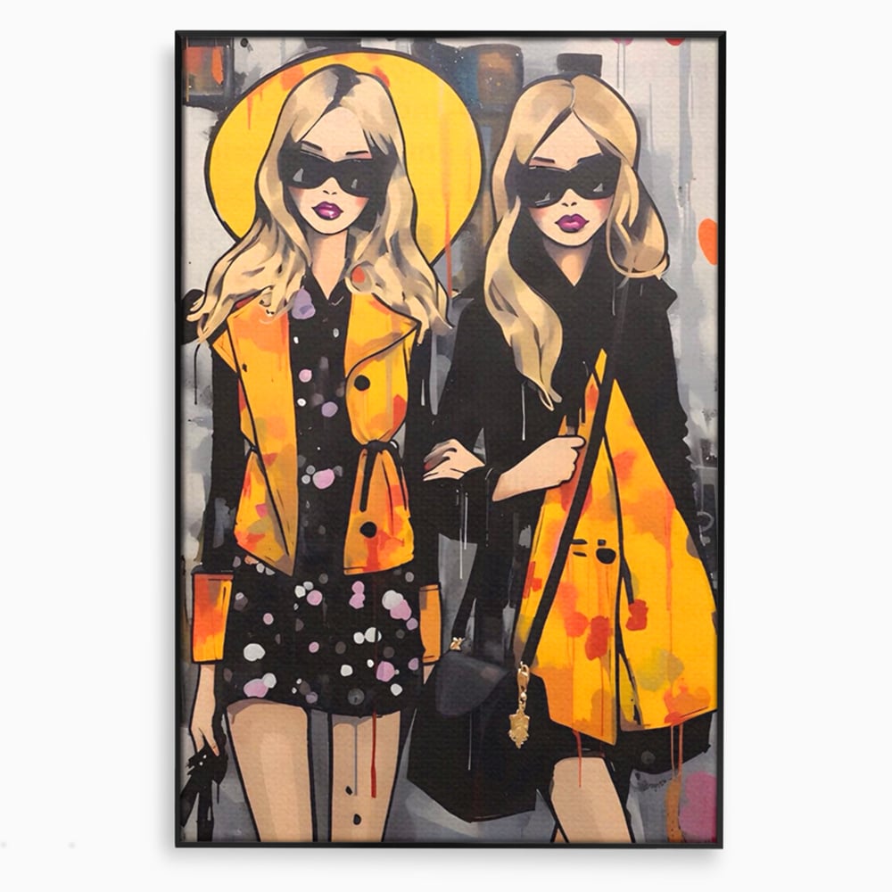 Tablou canvas cu ilustratie cu doua femei fashion, in rama de aluminiu negru