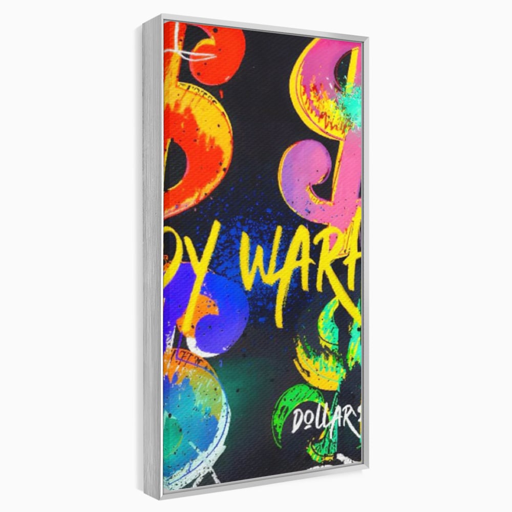 Tablou canvas cu tablou canvas cu simboluri dollar colorate, in rama de aluminiu argintiu