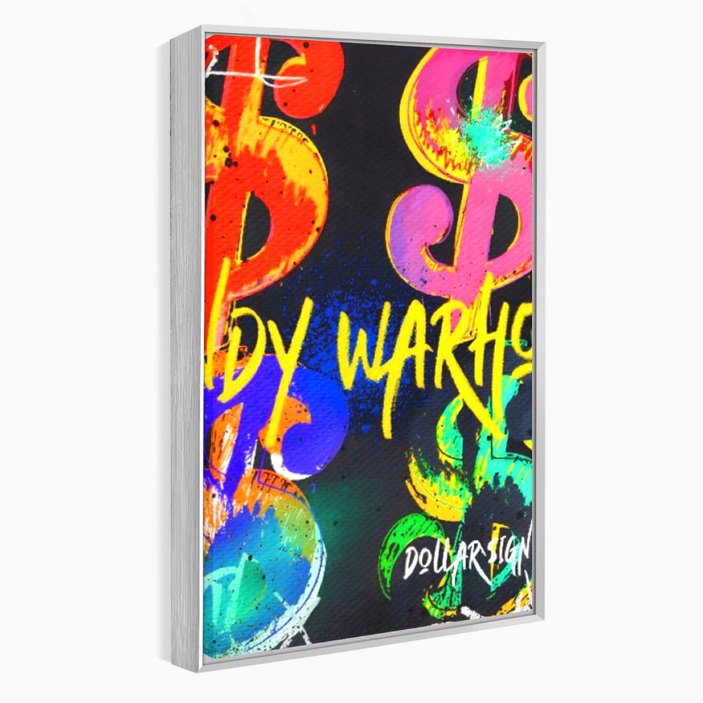 Tablou canvas cu tablou canvas cu simboluri dollar colorate, in rama de aluminiu argintiu